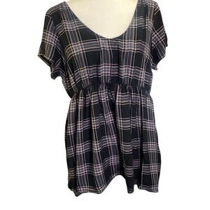 Torrid Peplum Cross Back Rayon Flannel Blouse 1 1X 14-16 Black White Pink Plaid